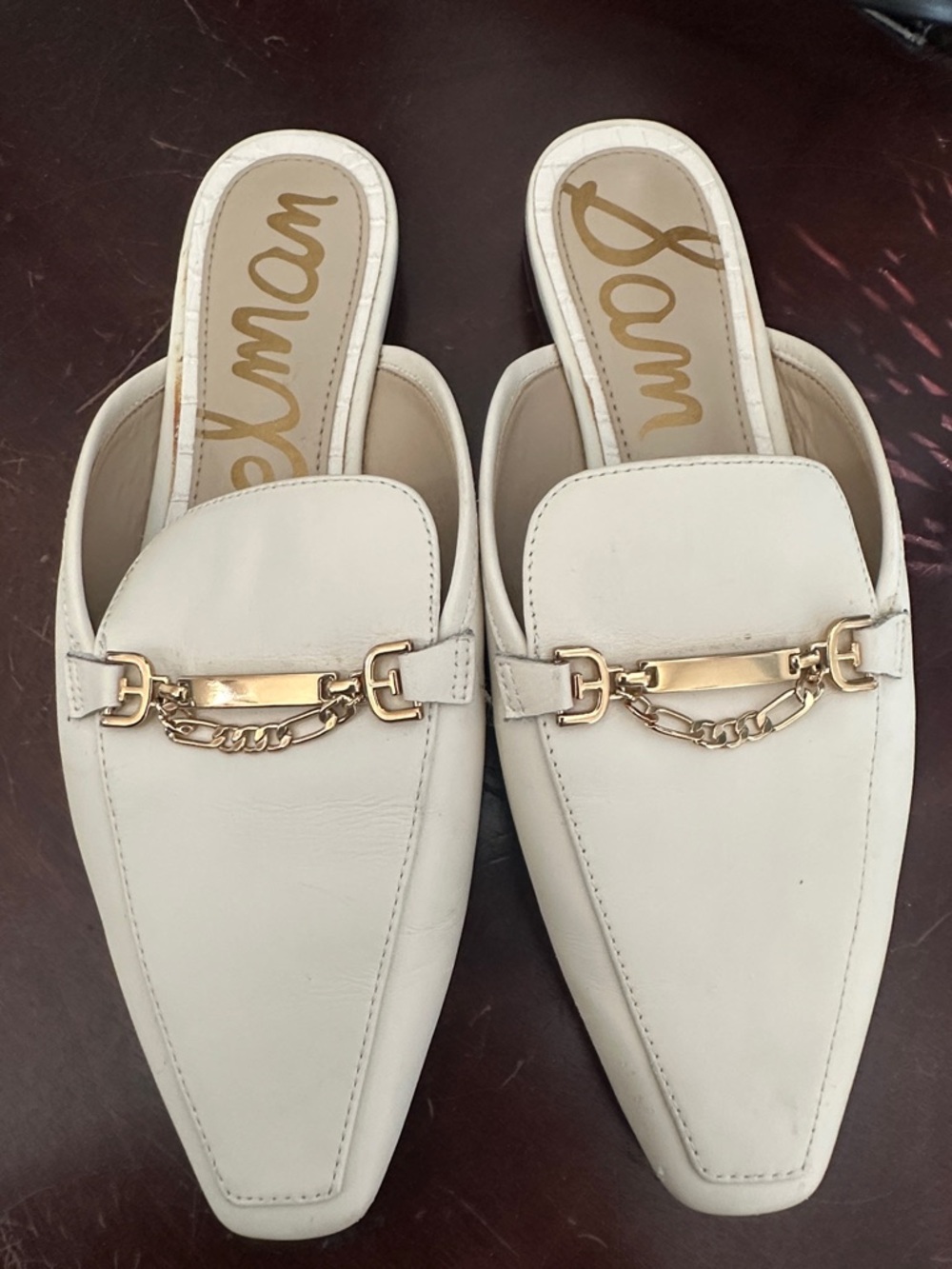 Sam Edelman Evelan Cream Leather Chain-Trim Slip-On Mules